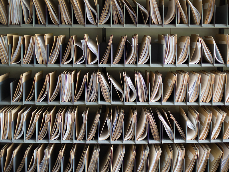 Shelf with file folders in a archives