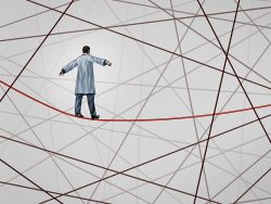 Medical solution health care concept as a doctor walking on a red tightrope or highwire around a group of tangled wires as a symbol of challenges in insurance and the risk in illness treatment for patients