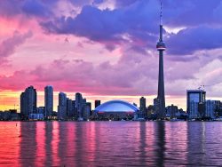 Scenic view at Toronto city waterfront skyline at sunset