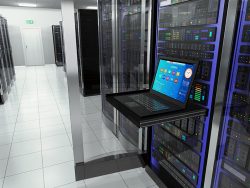 terminal monitor screen display in server room with server racks in datacenter interior