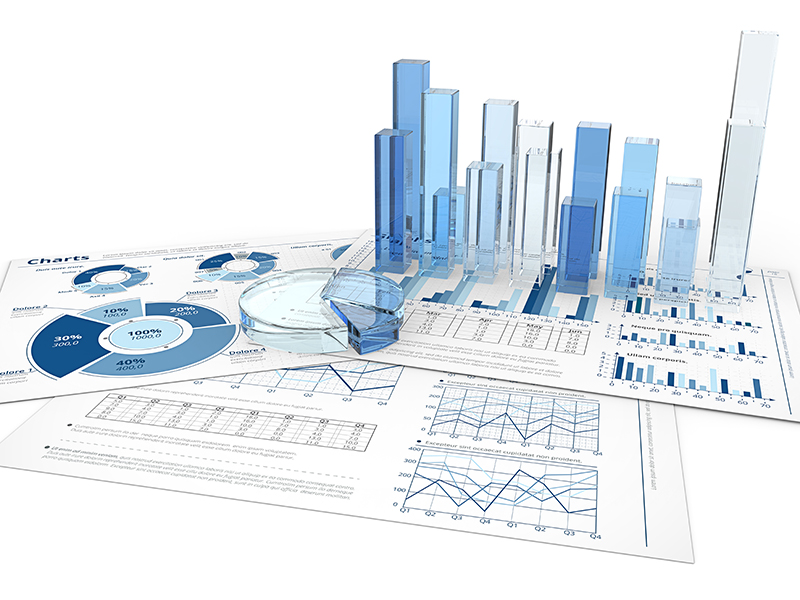 Blue infographics documents with 3D graphs and charts of glass.