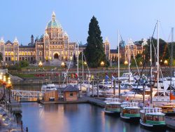 Parliament building illuminated at dusk, Victoria, British Columbia