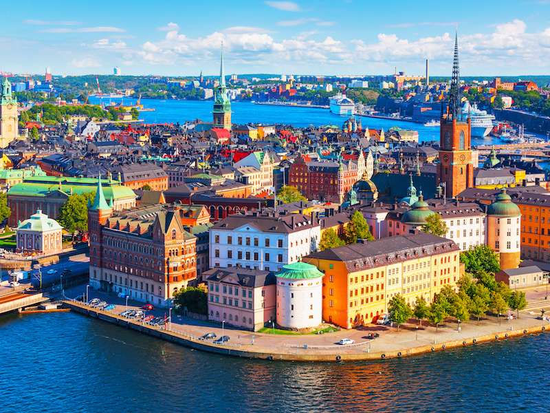 Scenic summer aerial panorama of the Old Town (Gamla Stan) pier architecture in Stockholm, Sweden