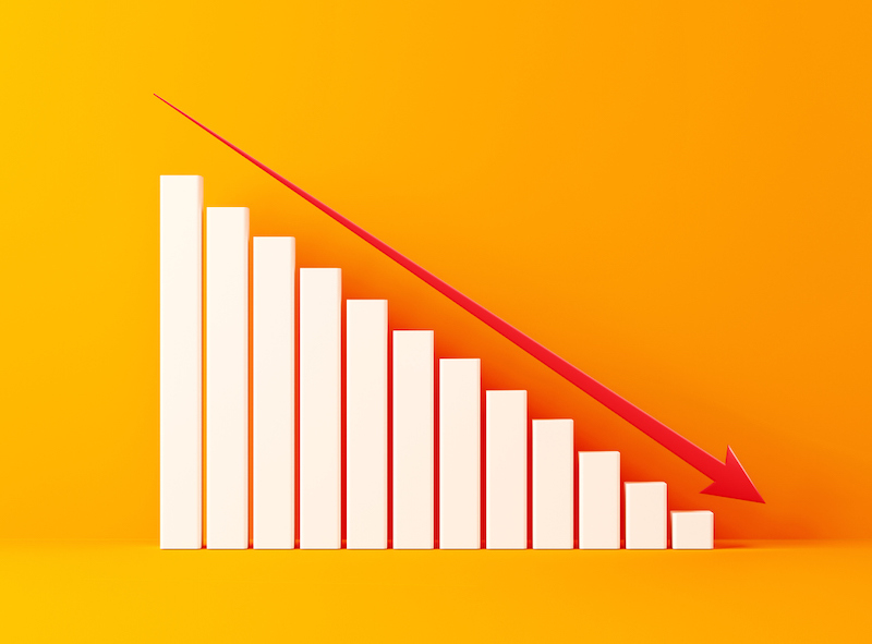 Financial Growth Bar With A Red Arrow Shape Moving Down On Yellow Background