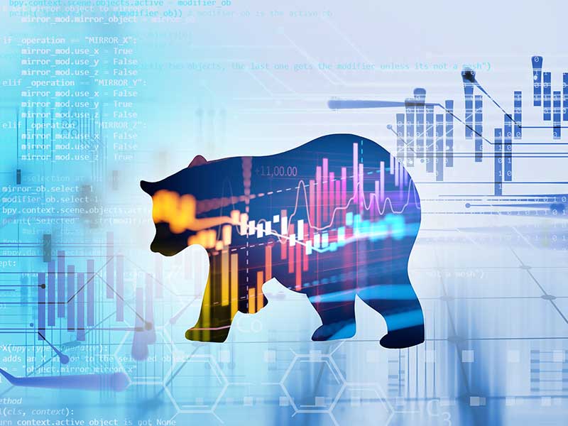 silhouette form of bear on financial stock market graph represent stock market crash or down trend investment