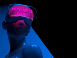 Blue female cyber with neon pink META VERSE LOADING text goggles on geometric dark background stock photo