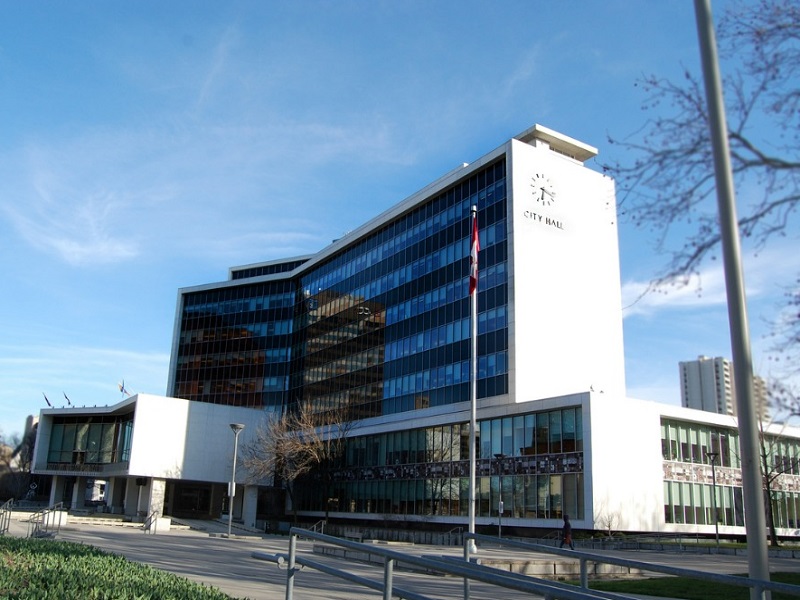 A photo of Hamilton, Ontario's City Hall facing Southeasterly.