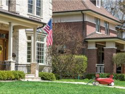 American home with us flag stock photo