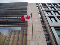 Canadian flag in business district