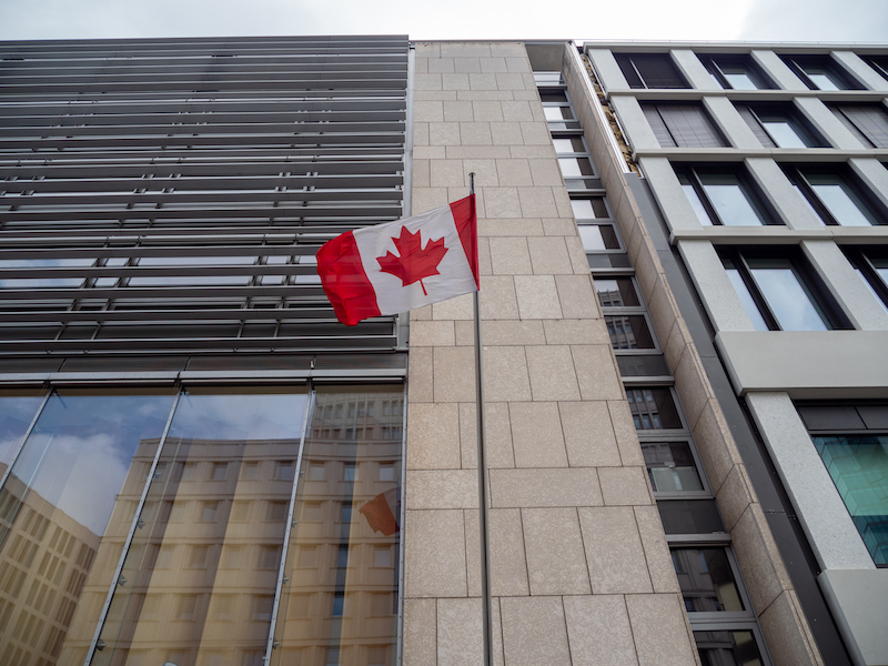 Canadian flag in business district